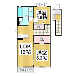 塩尻市大字広丘原新田アパート 2LDKの間取図画像