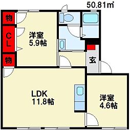 カレッジヒルズB 2LDKの間取図画像