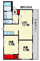 グリンヴェルB 2LDKの間取図画像