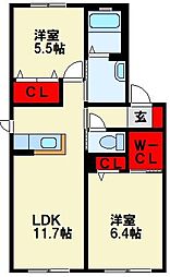 シャーメゾン吉田B 2LDKの間取図画像