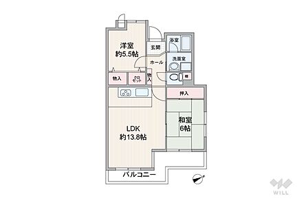 間取りは専有面積58.4平米の2LDK。LDK約13.8帖の縦長リビングのプラン。バルコニー面積は9.16平米です。