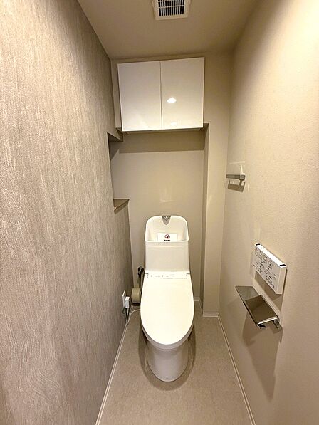 棚やカウンターがあり、トイレットペーパーや掃除用具、芳香剤などを置いておけます。