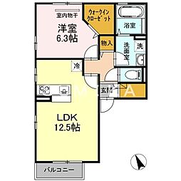 アンソレイユＳａｉ　Ｂ棟 2階1LDKの間取り