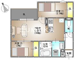 岡山市中区小橋町1丁目アパート 2LDKの間取図画像