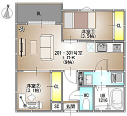 REGALEST 法界院 仮称)REGALEST 北方4 2DKの間取図画像