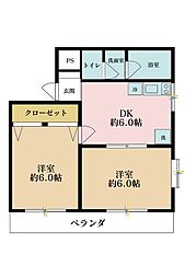 スカイハイツ広沢 2DKの間取図画像