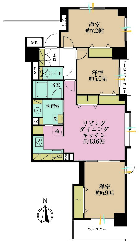 3LDK、専有面積75.81m2、バルコニー面積4.78m2