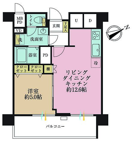 1LDK、専有面積40.7m2、バルコニー面積8.97m2
