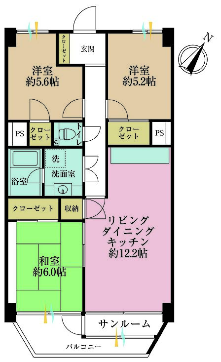 3LDK、専有面積70.81m2、バルコニー面積6.21m2