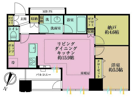 1LDK+S(納戸)、専有面積58m2、バルコニー面積5.49m2