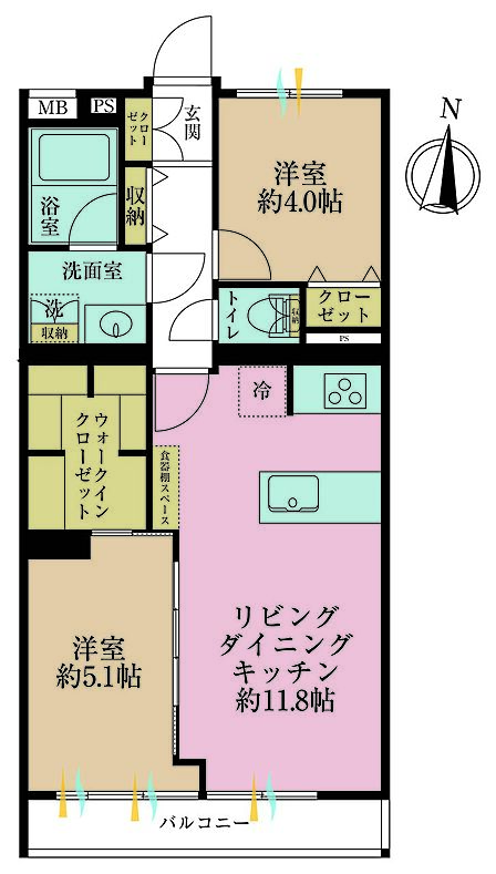 2LDK、専有面積54.06m2、バルコニー面積5.03m2