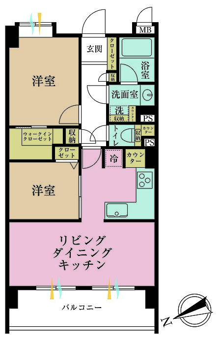 2LDK、専有面積53.2m2、バルコニー面積7.98m2