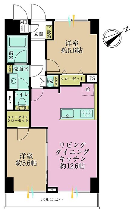 2LDK、専有面積53.5?、バルコニー面積5.4?