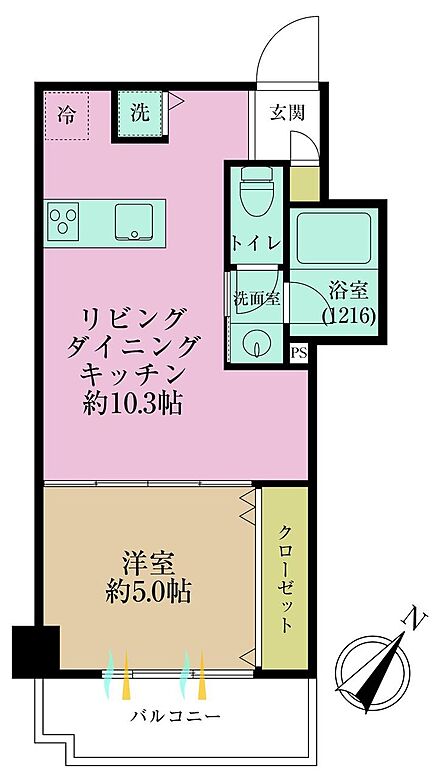 1LDK、専有面積34.8?、バルコニー面積3?