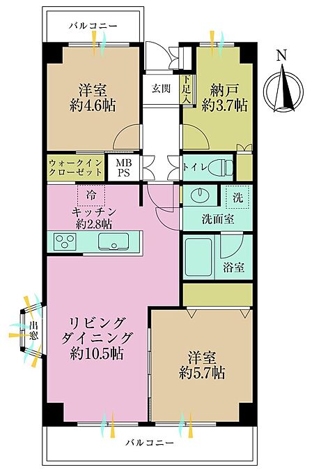 2LDK+S、専有面積61.61?、バルコニー面積10.44?