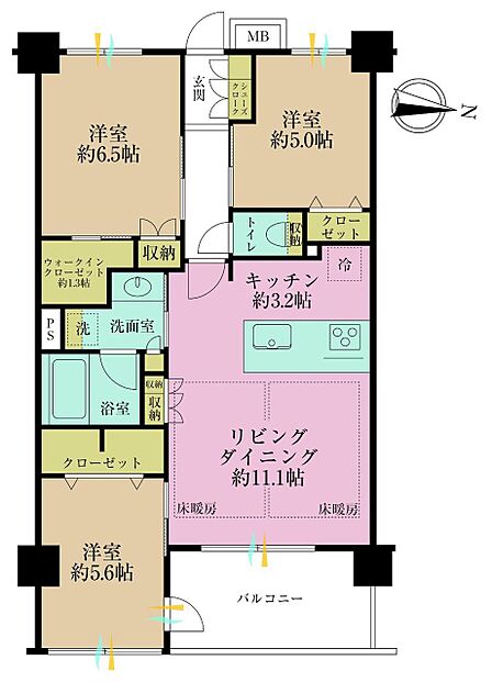 3LDK、専有面積70?、バルコニー面積7.88?