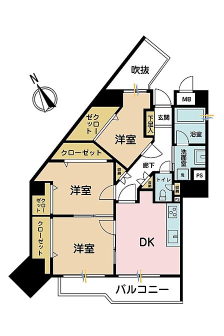 3DK、専有面積53.55?、バルコニー面積4?