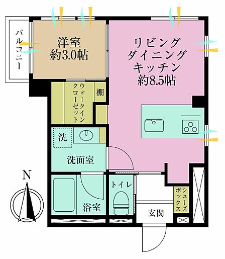 1LDK、専有面積32.2?、バルコニー面積2?