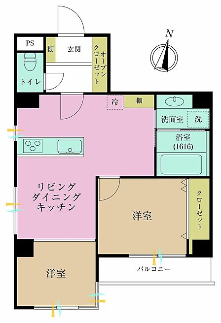 2LDK、専有面積51.39?、バルコニー面積3.79?