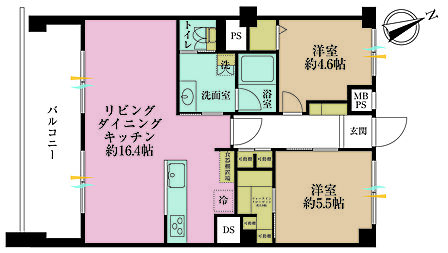 2LDK、専有面積61.75?、バルコニー面積11.4?