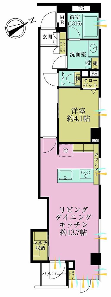 1LDK、専有面積47.24?、バルコニー面積2.14?