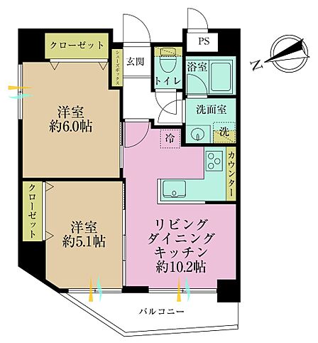 2LDK、専有面積50.93?、バルコニー面積7.5?