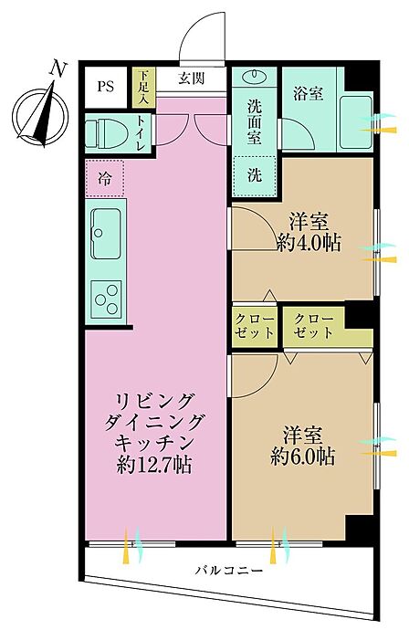 2LDK、専有面積48.01?、バルコニー面積6.21?