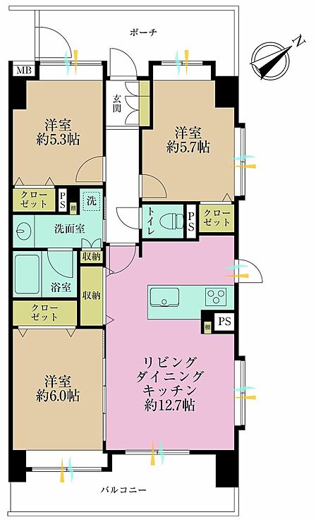 3LDK、専有面積69.88?、バルコニー面積11.7?