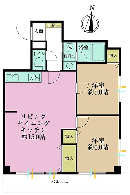 2LDK、専有面積56.6?、バルコニー面積7.9?
