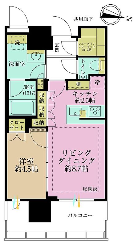 1LDK、専有面積42.51?、バルコニー面積9.59?