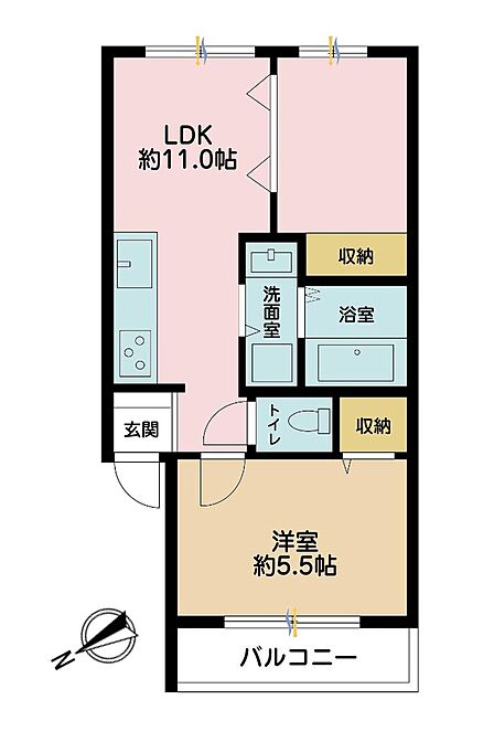 1LDK、専有面積38.56?、バルコニー面積3.55?