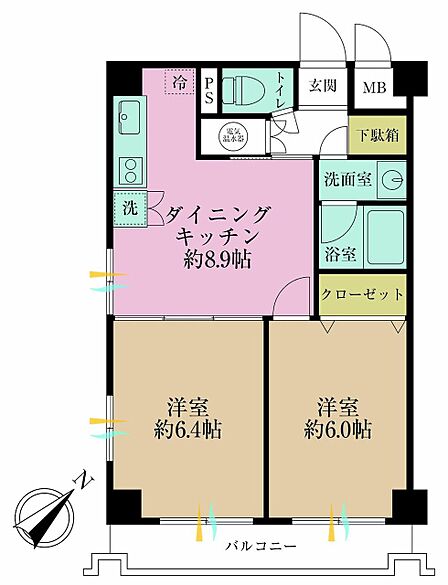 2DK、専有面積47.47?、バルコニー面積6.39?