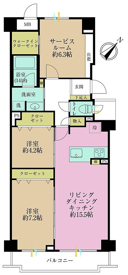 2LDK+S、専有面積78.81?、バルコニー面積7.08?
