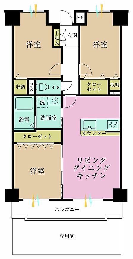 3LDK、専有面積64?、バルコニー面積7.52?