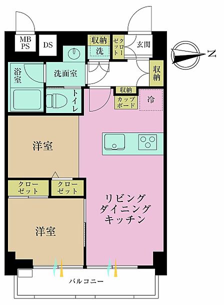 2LDK、専有面積43.33?、バルコニー面積4.79?