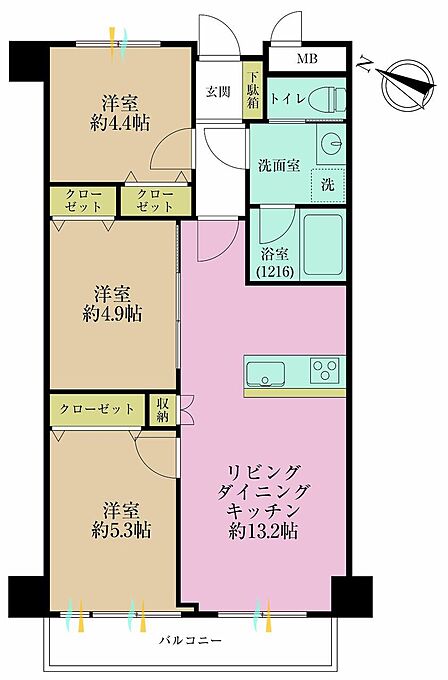 3LDK、専有面積61.21?、バルコニー面積5.3?