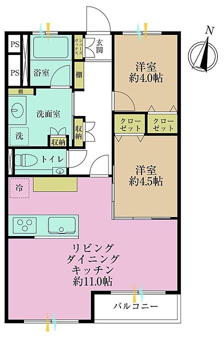 2LDK、専有面積50.22?、バルコニー面積2.5?