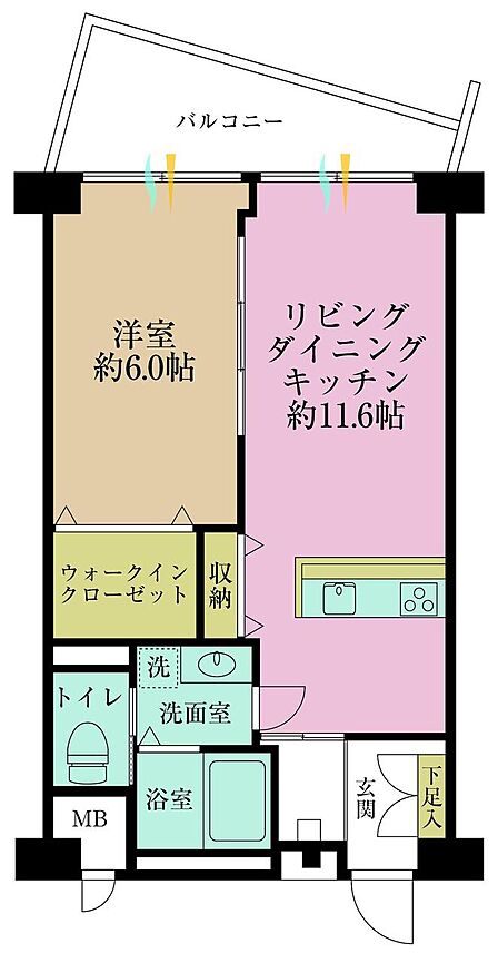 1LDK、専有面積43.5?、バルコニー面積7.7?
