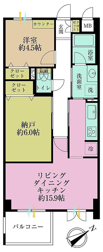 1LDK+S、専有面積54.34?、バルコニー面積5.04?
