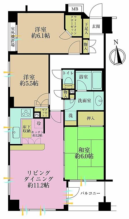 3LDK、専有面積75.56?、バルコニー面積4.61?