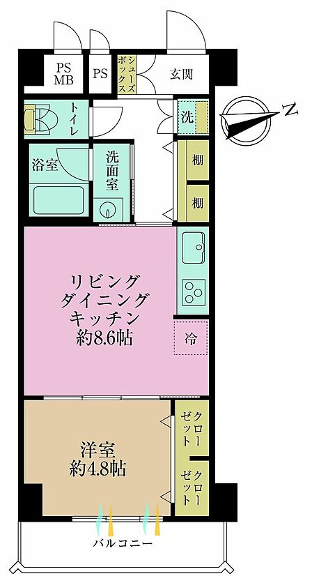 1LDK、専有面積38.8?、バルコニー面積4.83?