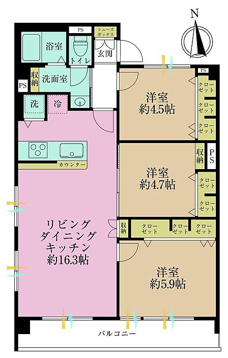 3LDK、専有面積68.09?、バルコニー面積8.64?