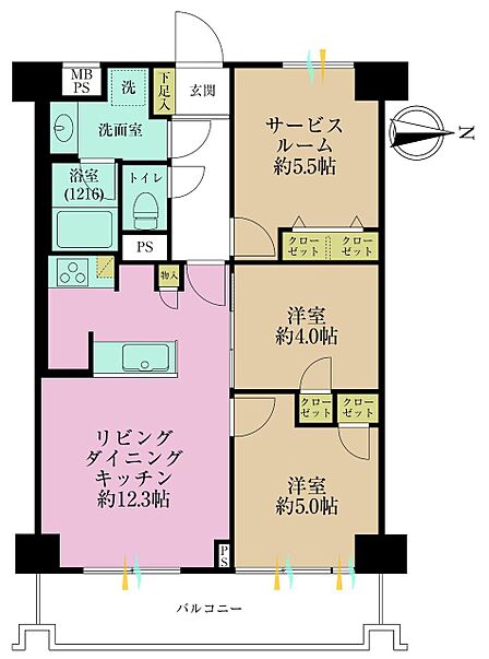 2LDK+S、専有面積58.59?、バルコニー面積8.62?