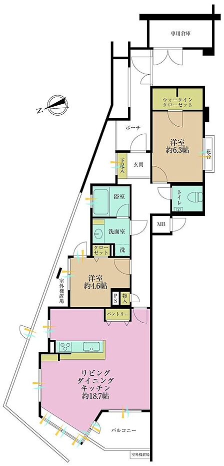 2LDK、専有面積75.63?、バルコニー面積5.95?