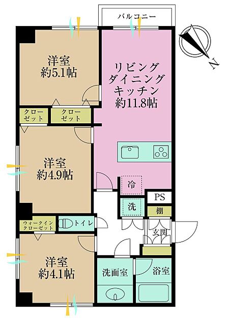 3LDK、専有面積60.19?、バルコニー面積2.7?