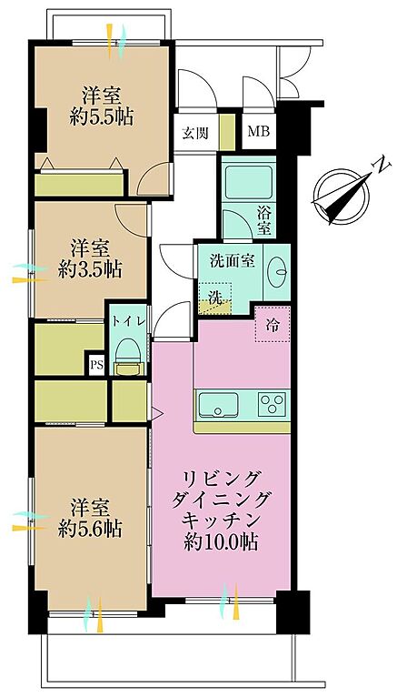3LDK、専有面積58.36?、バルコニー面積7.48?