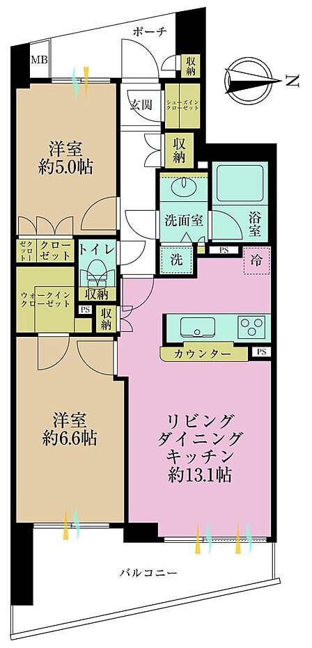 2LDK、専有面積58.94?、バルコニー面積10.28?