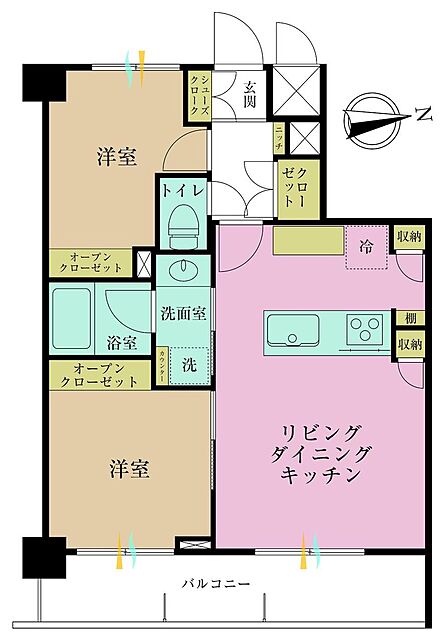 2LDK、専有面積47.34?、バルコニー面積7.68?