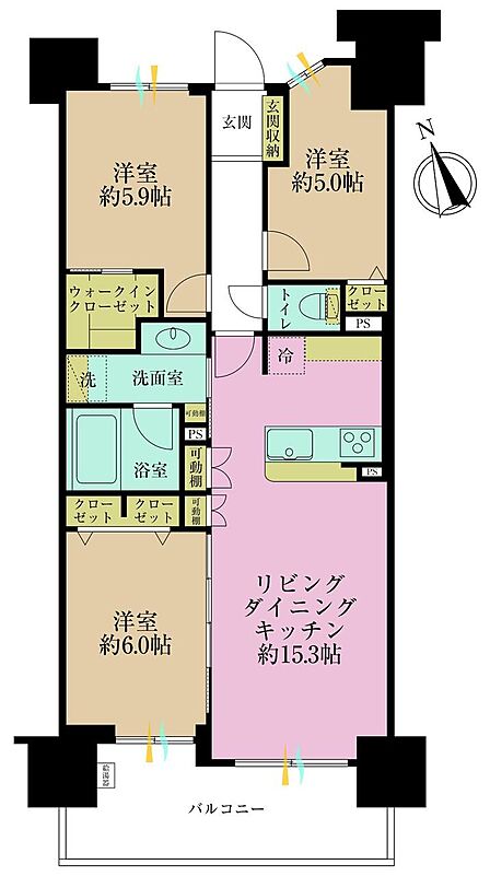3LDK、専有面積72.15?、バルコニー面積10.81?