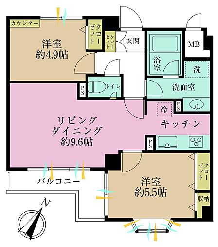 2LDK、専有面積52.31?、バルコニー面積4.76?